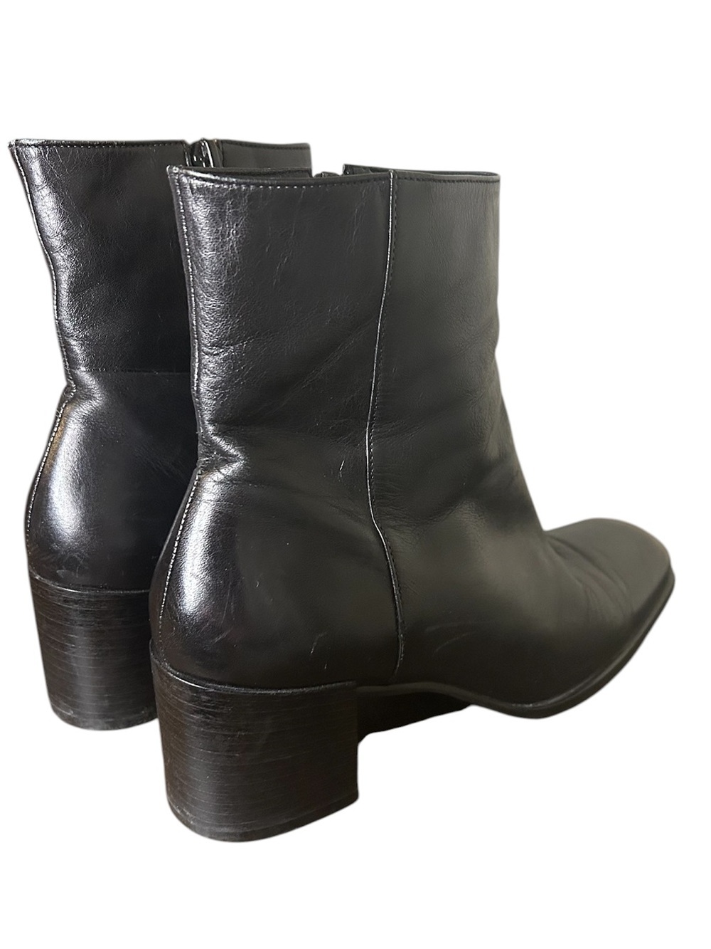 Black Leather Ankle Boots Block Heel Zip Closure Size 37 - Picture 6 of 6